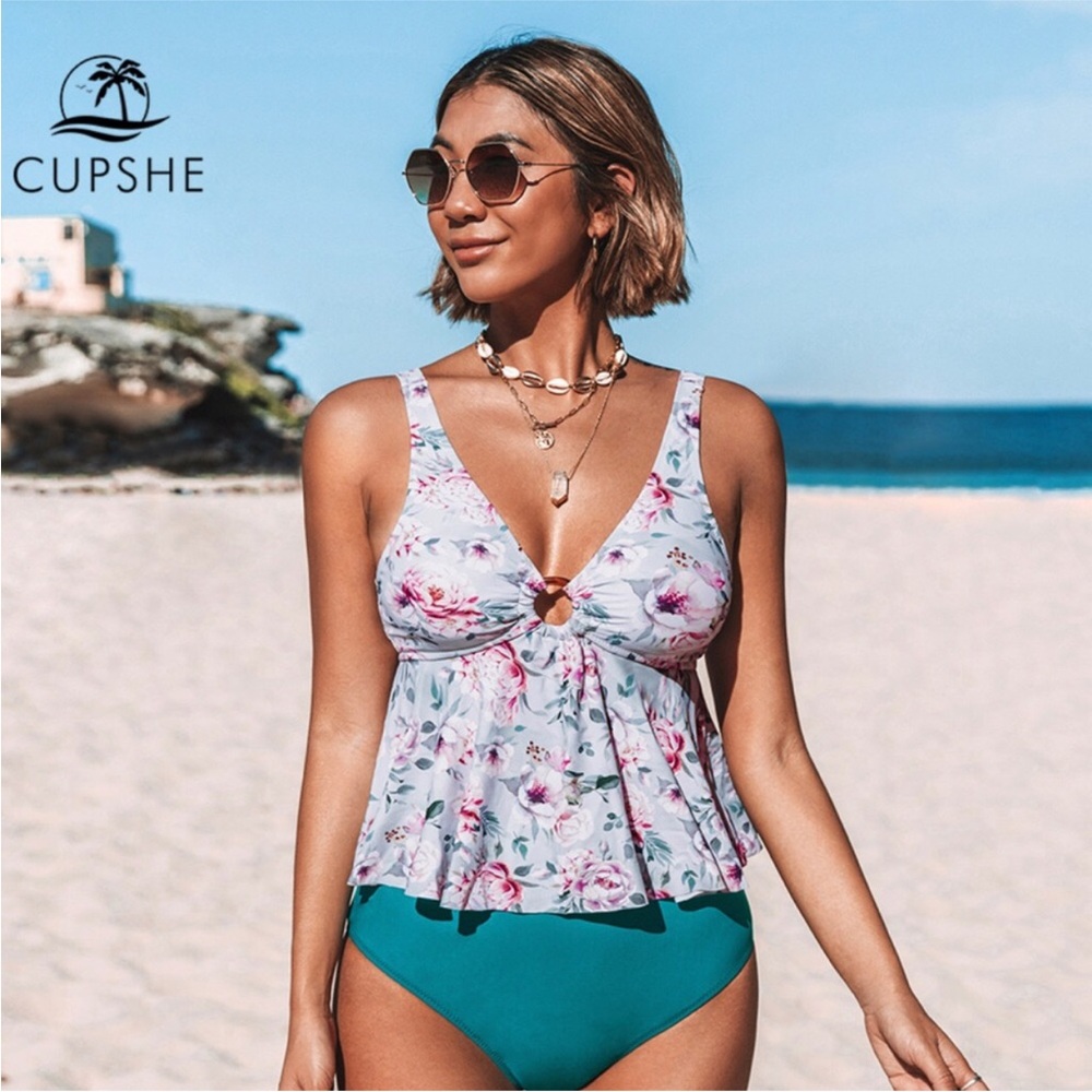 Cupshe Swim Tank Top Blue Floral Size 2X